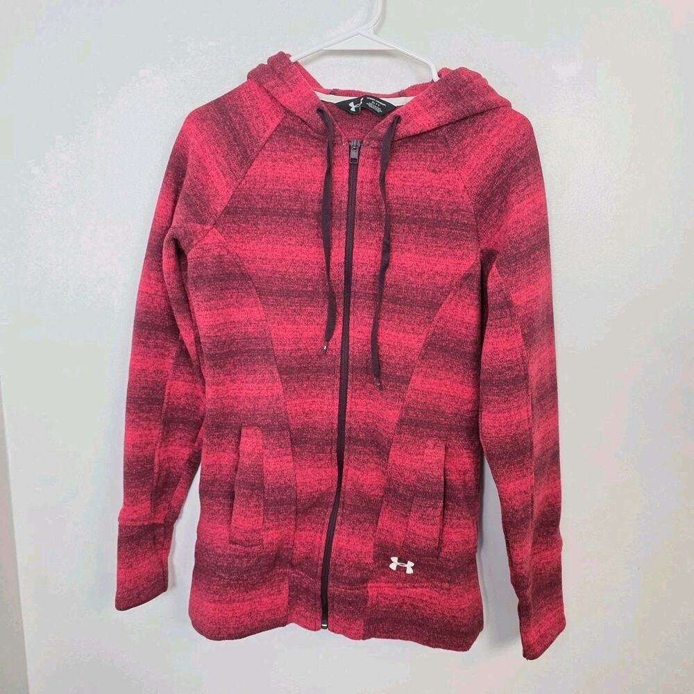 Under Armour Pink Full Zip Hooded Striped Athleisure Winter Sweet Jacket Size S‎